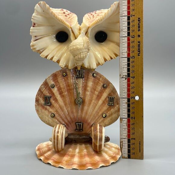 Vintage Owl Shell Art Clock Handmade Kitsch Souvenir 1970s - Picture 15 of 16